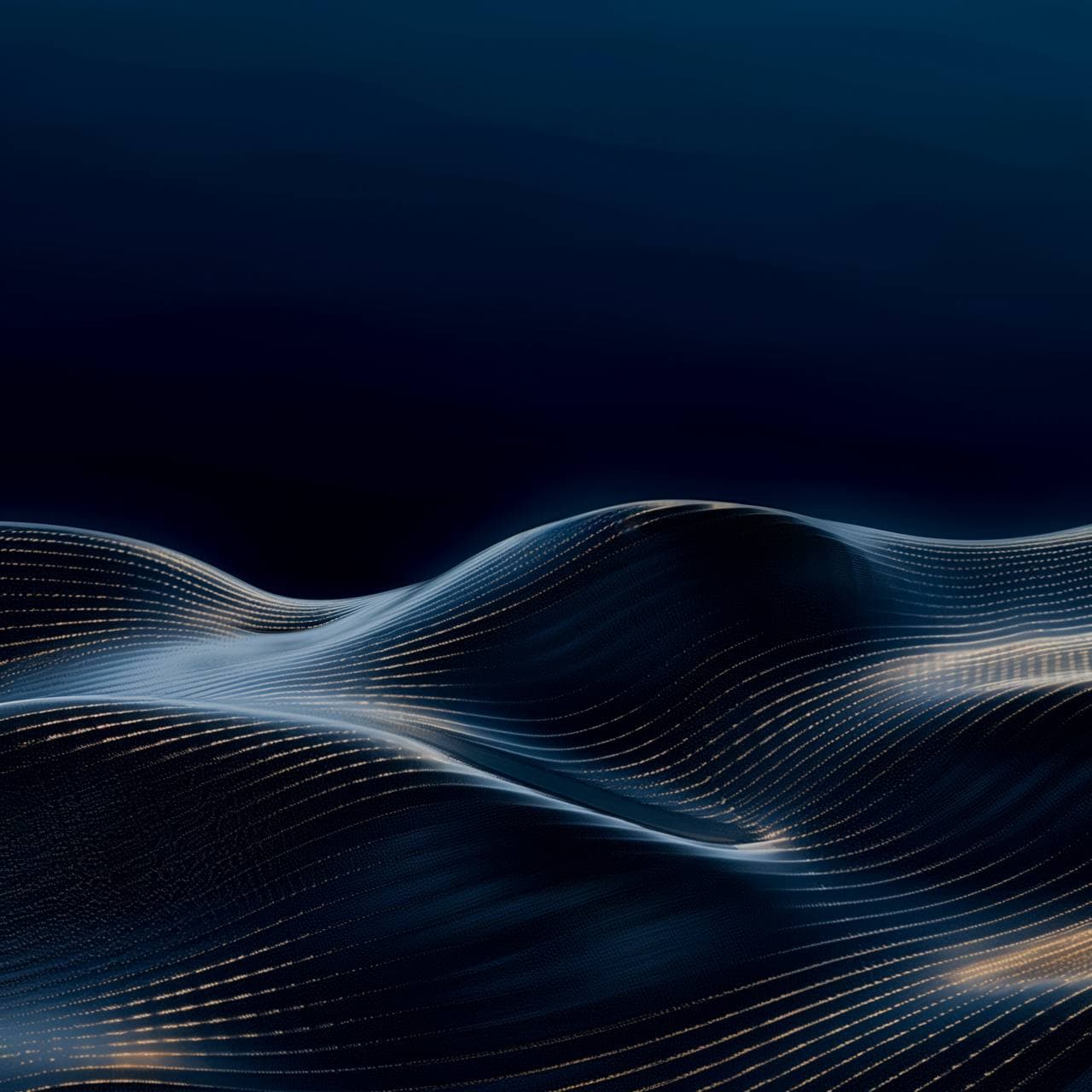 Abstract dark blue waves with glowing golden lines flowing across a deep blue background.